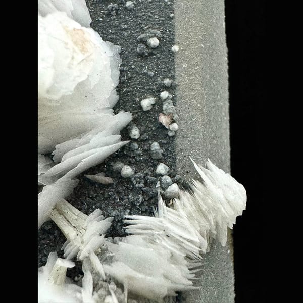 Small blue-grey coated quartz with white petal calcite from Inner Mongolia — alternate view