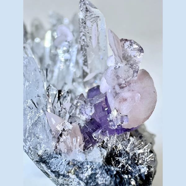 Rhodochrosite with Violet Apatite and Quartz 3.0 cm — detail view
