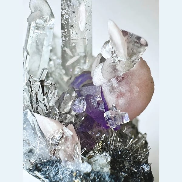 Rhodochrosite with Violet Apatite and Quartz 3.0 cm — detail view