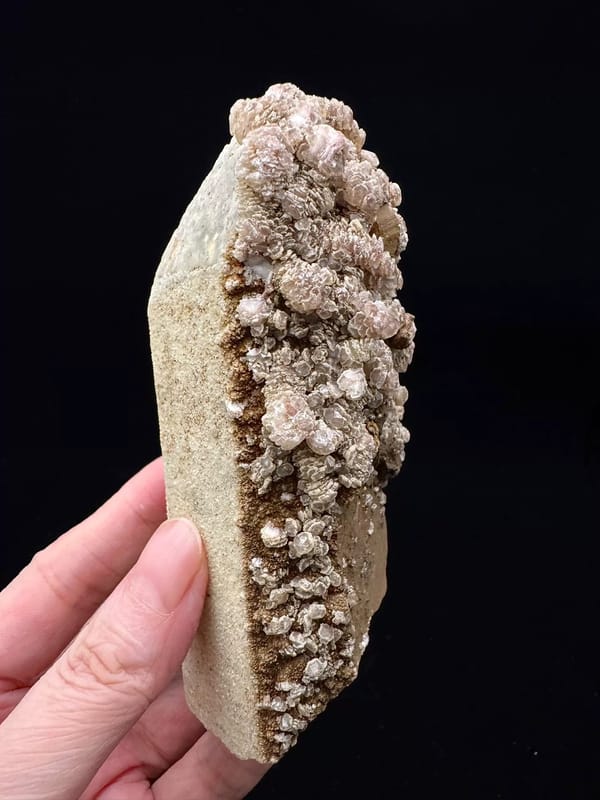 Dark Pink Calcite on Quartz — Inner Mongolia — left-side profile