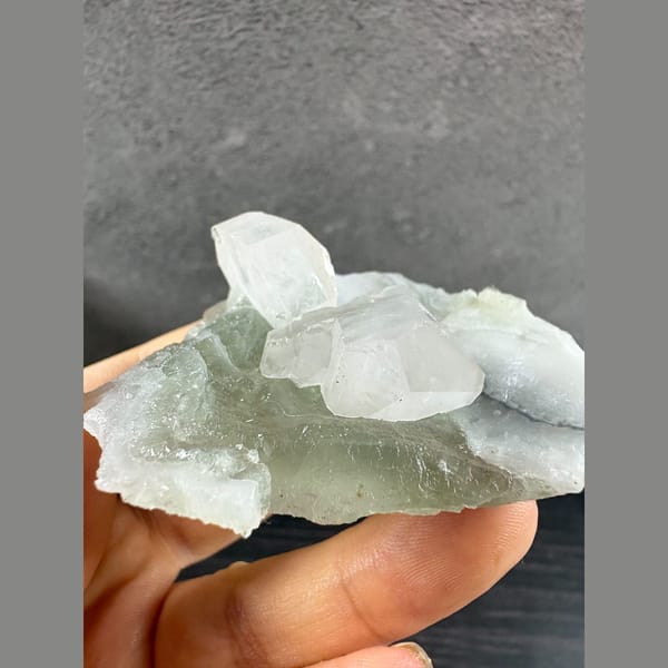 Pale green fluorite with frosted white bladed calcite from Fujian — alternate view