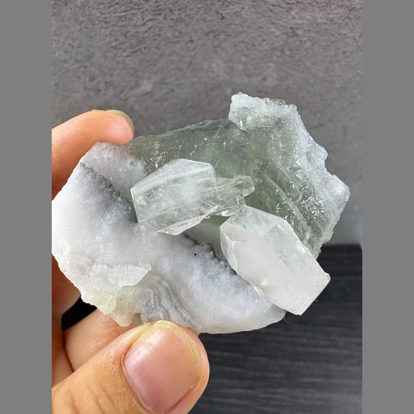 Pale green fluorite with frosted white bladed calcite from Fujian — alternate view