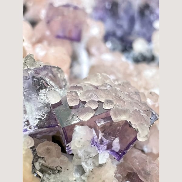 Rhodochrosite with Purple Fluorite 5.0 cm — detail view