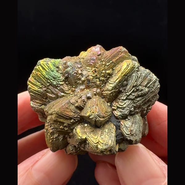 Bladed pyrite after marcasite rosette with rainbow tarnish from Pakistan — complete view