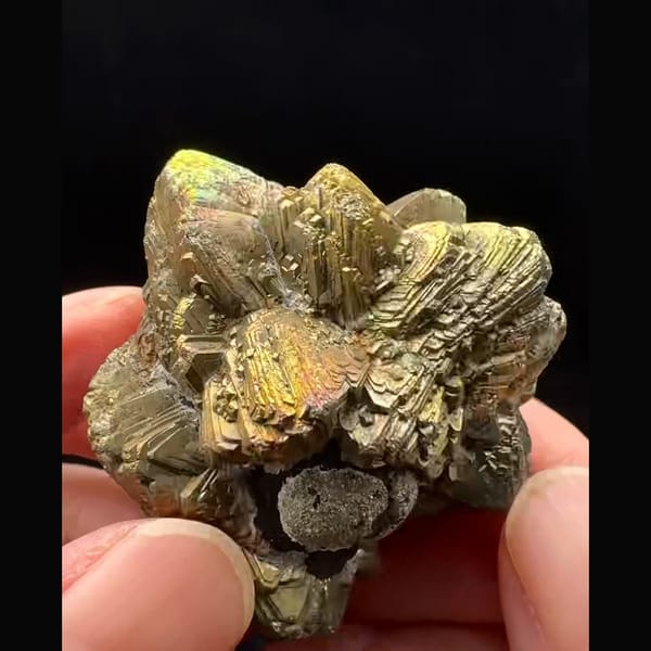 Bladed pyrite after marcasite rosette with rainbow tarnish from Pakistan — alternate view