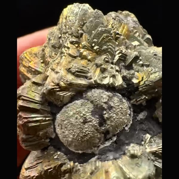 Bladed pyrite after marcasite rosette with rainbow tarnish from Pakistan — detail view