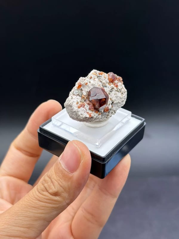 Complete oblique view showing the second large garnet and smaller orange crystals