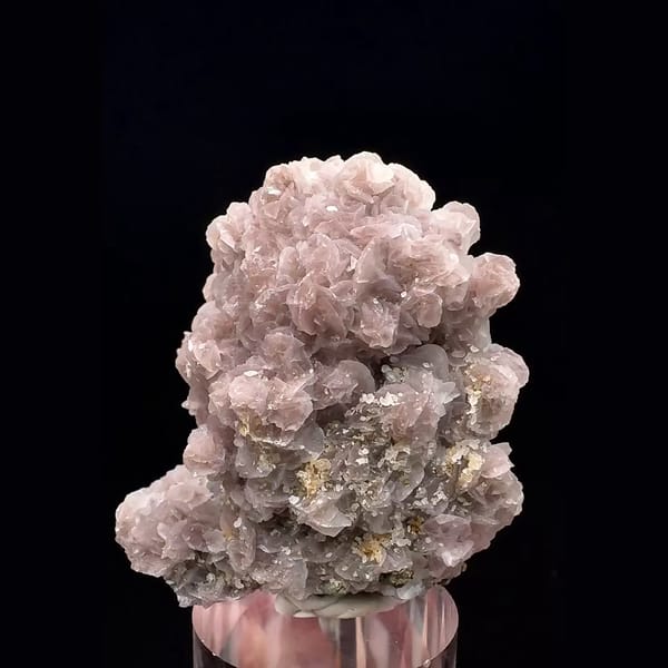 Upright cluster of pale pink rounded calcite with green-coated quartz from Inner Mongolia — complete view