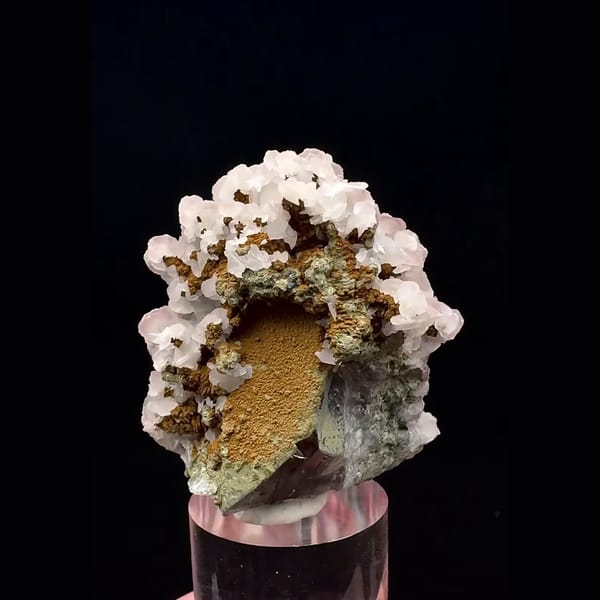 Upright cluster of pale pink rounded calcite with green-coated quartz from Inner Mongolia — alternate view