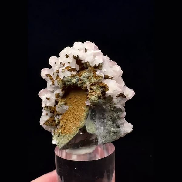 Upright cluster of pale pink rounded calcite with green-coated quartz from Inner Mongolia — alternate view