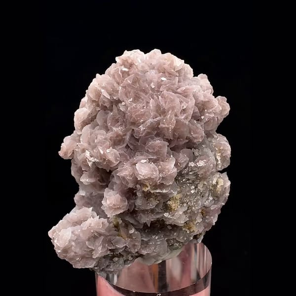 Upright cluster of pale pink rounded calcite with green-coated quartz from Inner Mongolia — detail view