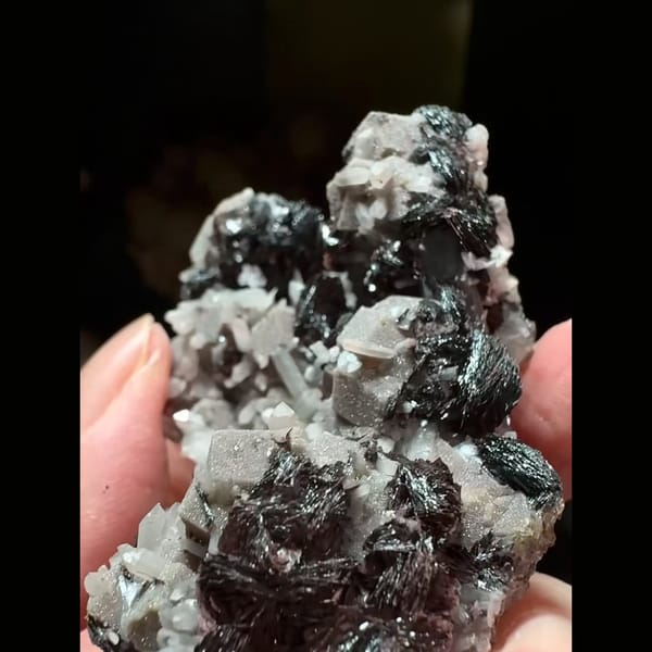 Dark andradite garnet with bladed hematite and grey-pink calcite from Inner Mongolia — detail view