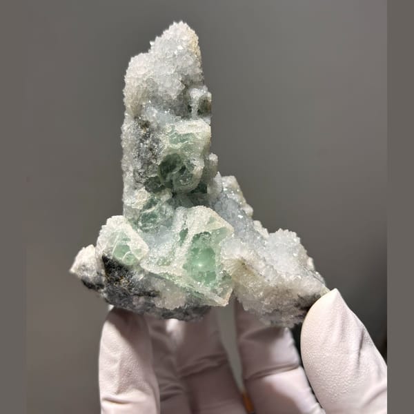 Sugary Fujian fluorite with quartz — detail view