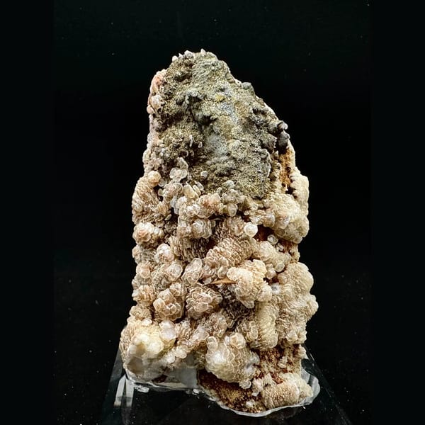 Quartz crusted with peach layered petal calcite and pyrite from Inner Mongolia — complete view