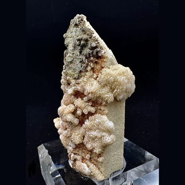 Quartz crusted with peach layered petal calcite and pyrite from Inner Mongolia — alternate view