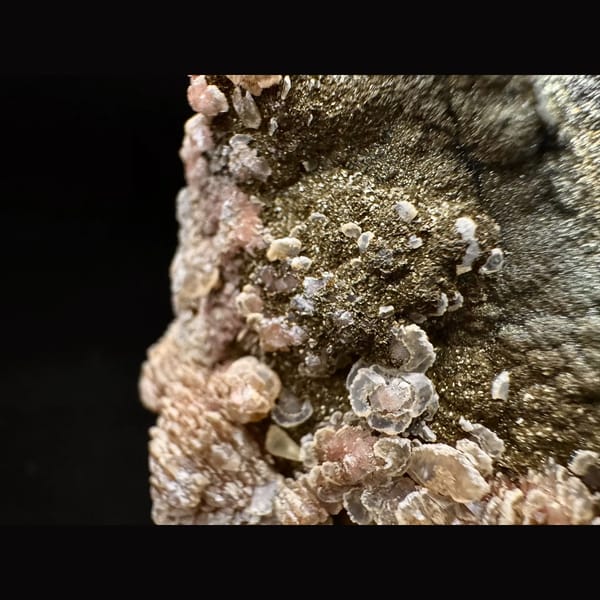 Quartz crusted with peach layered petal calcite and pyrite from Inner Mongolia — alternate view