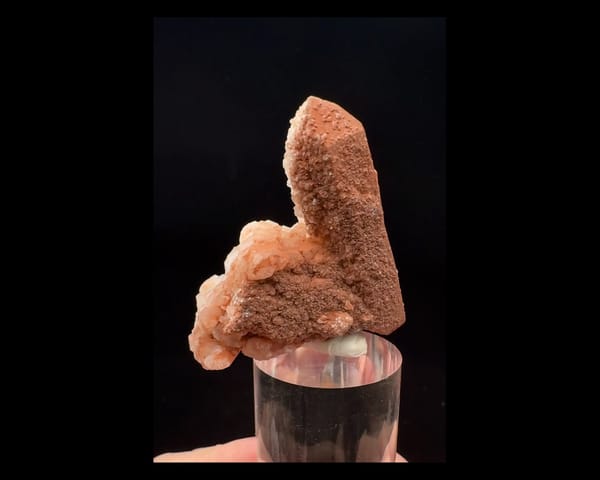 Complete red-coated quartz front with pink-white calcite on the same Inner Mongolia specimen