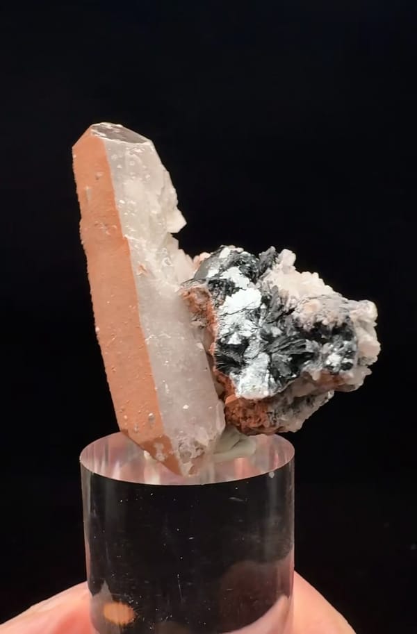 Complete opposite side showing clear and red-coated quartz faces beside specular hematite