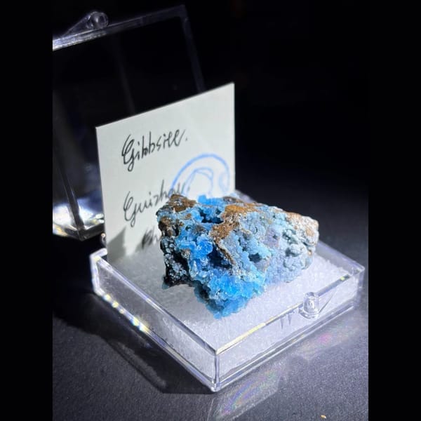 Sky blue botryoidal gibbsite on limonite — alternate view