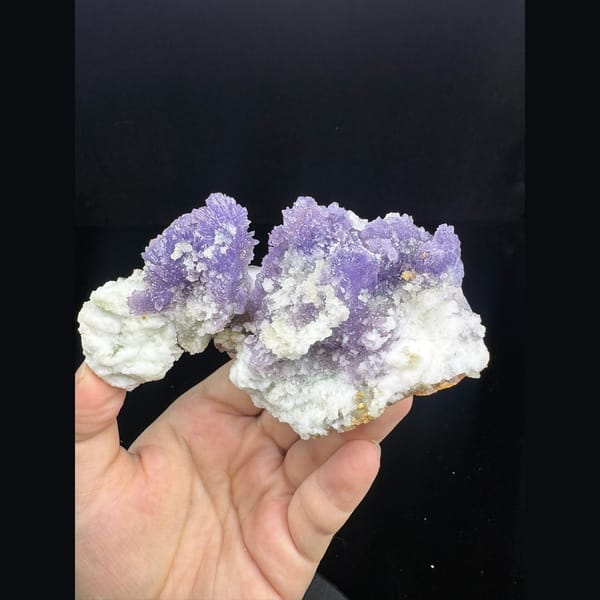 Purple creedite crystal clusters with white gypsum from Qinglong — complete view