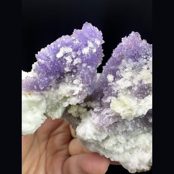 Purple creedite crystal clusters with white gypsum from Qinglong — alternate view