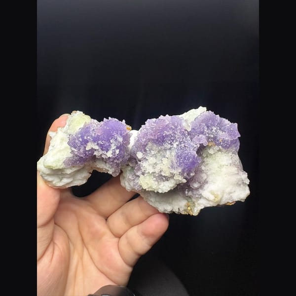 Purple creedite crystal clusters with white gypsum from Qinglong — alternate view