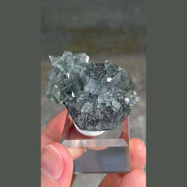 Transparent teal fluorite crystals on dark matrix from Hunan — complete view