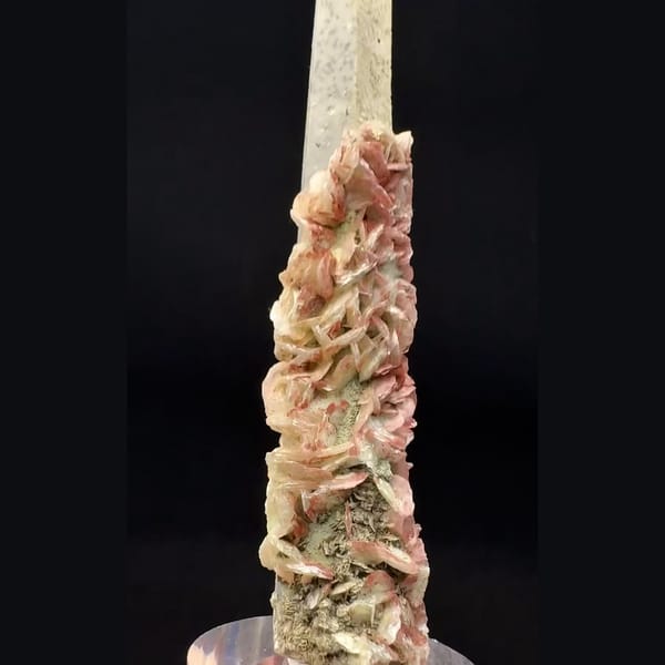 Long frosted quartz crystal with red bladed calcite from Inner Mongolia — complete view