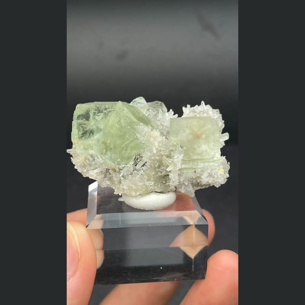 Icy pale green fluorite cubes with white quartz from Fujian — complete view
