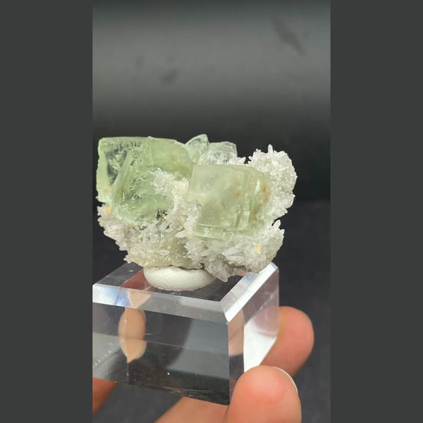 Icy pale green fluorite cubes with white quartz from Fujian — alternate view
