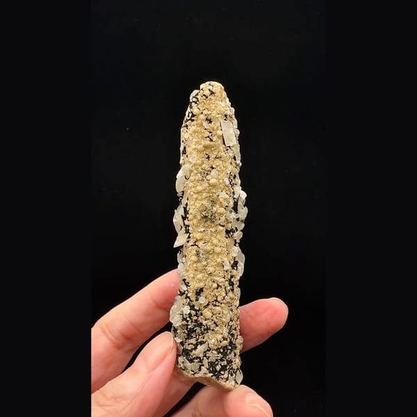 Tall quartz crystal crusted with bladed calcite and golden dolomite from Inner Mongolia — complete view