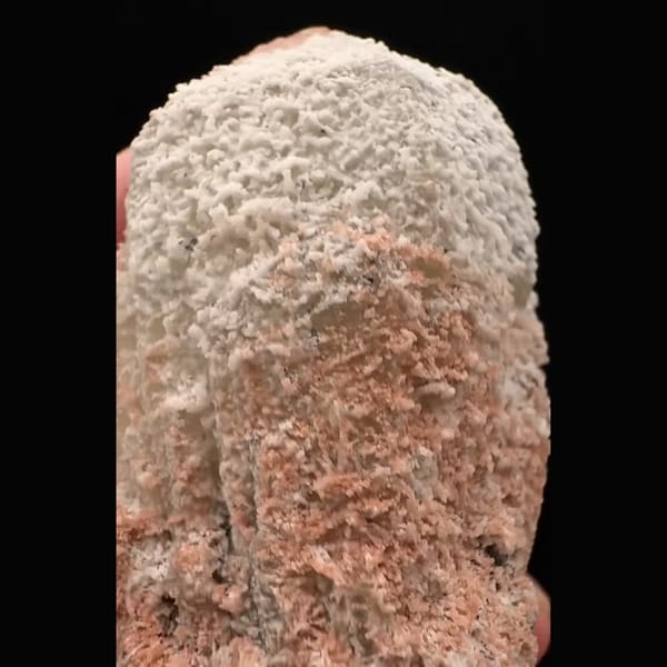 Pinkish-white coated quartz crystal with black specular hematite from Inner Mongolia — detail view