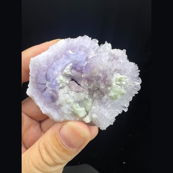 Round purple creedite and white gypsum cluster from Qinglong — complete view