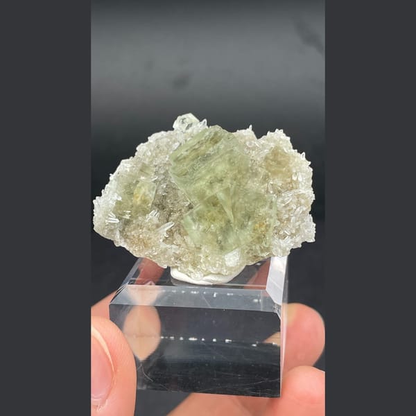 Soft green fluorite with frosty white quartz from Fujian — alternate view
