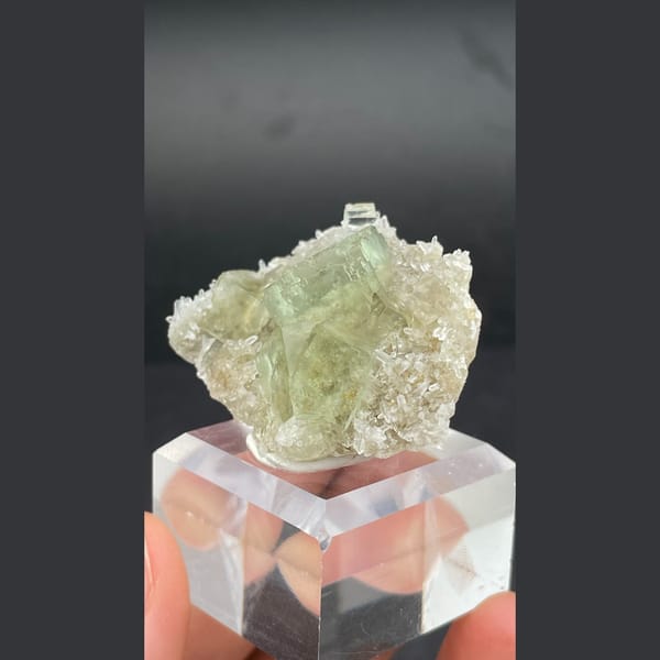 Soft green fluorite with frosty white quartz from Fujian — detail view