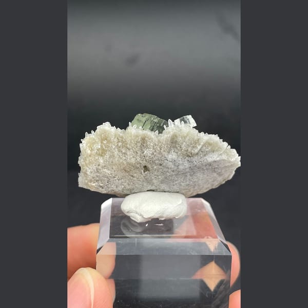 Soft green fluorite with frosty white quartz from Fujian — detail view