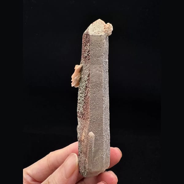 Mauve-skinned quartz floater with pink petal calcite from Inner Mongolia — alternate view