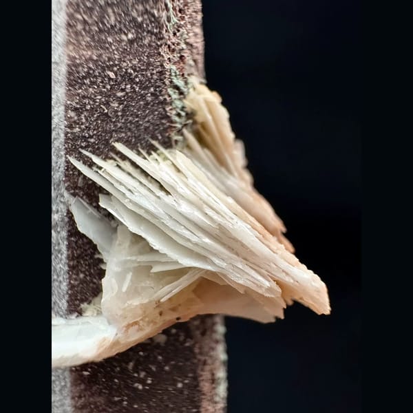 Mauve-skinned quartz floater with pink petal calcite from Inner Mongolia — detail view