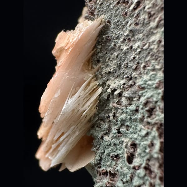 Mauve-skinned quartz floater with pink petal calcite from Inner Mongolia — detail view