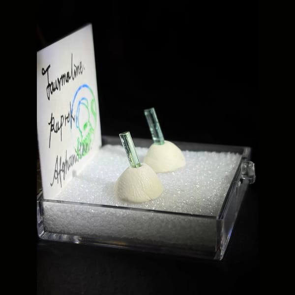 Pair of green tourmaline crystals — alternate view