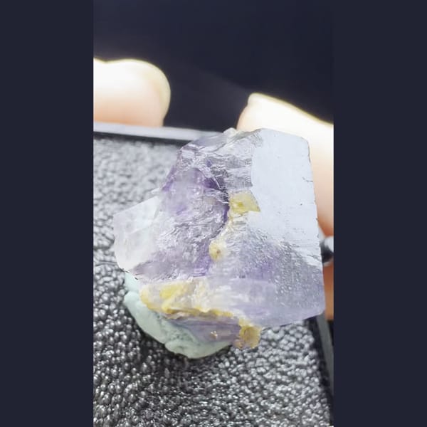 Purple fluorite crystal with golden mica from Yaogangxian, Hunan — alternate view