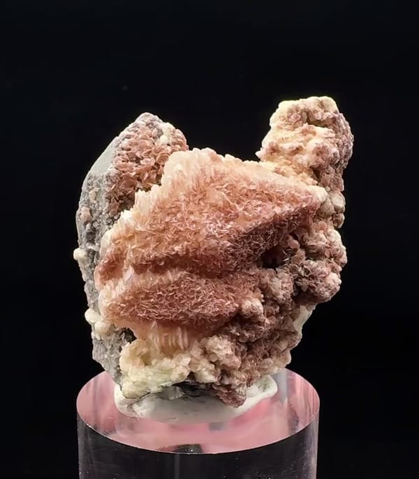 Complete front view of Quartz with Red-White Petal Calcite and Hematite
