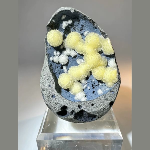 Yellow Calcite Balls on Blue-Grey Basalt Vietnam 7.0 cm — complete view