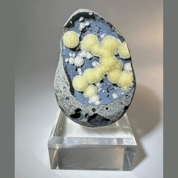 Yellow Calcite Balls on Blue-Grey Basalt Vietnam 7.0 cm — alternate view