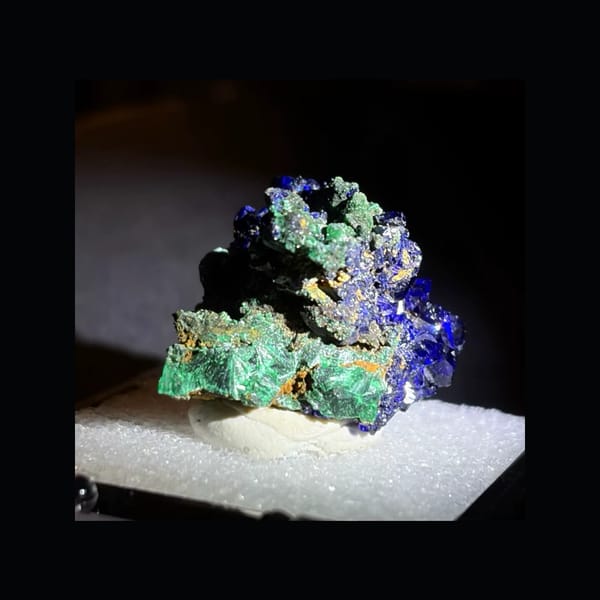 Clean whole view of blue azurite with green malachite from Liufengshan