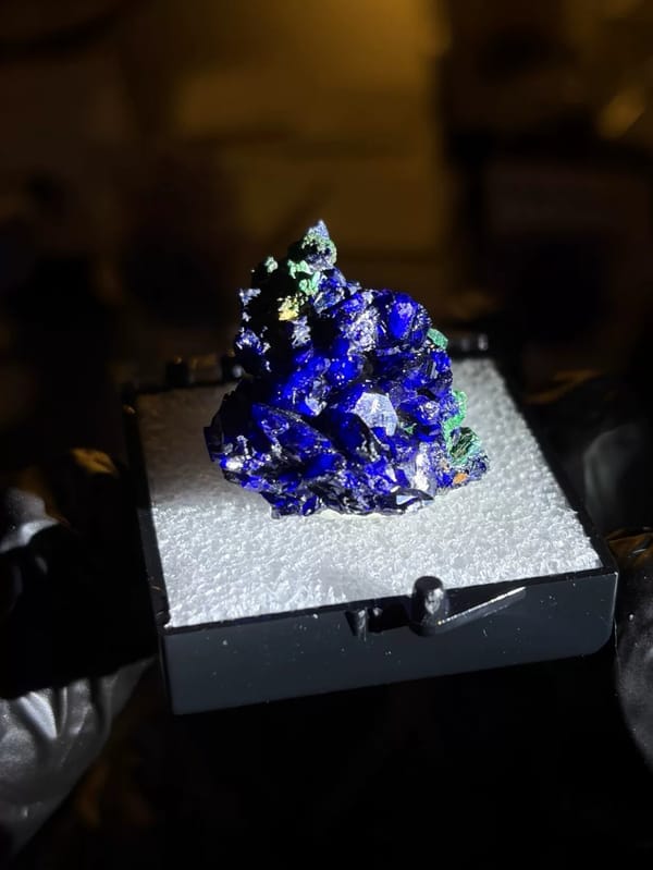 Upper oblique view of the exact azurite and malachite specimen