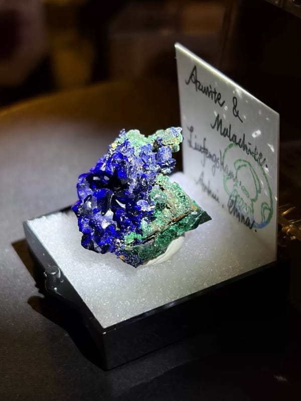 Oblique boxed view of deep blue azurite with velvety green malachite