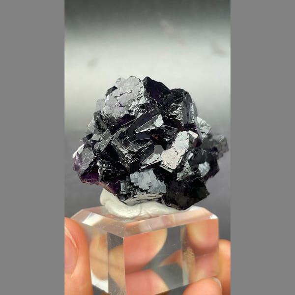 Stepped deep purple black fluorite from Henan — detail view