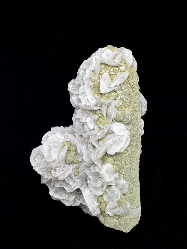Complete reverse showing green surface coating and scattered pale calcite blades