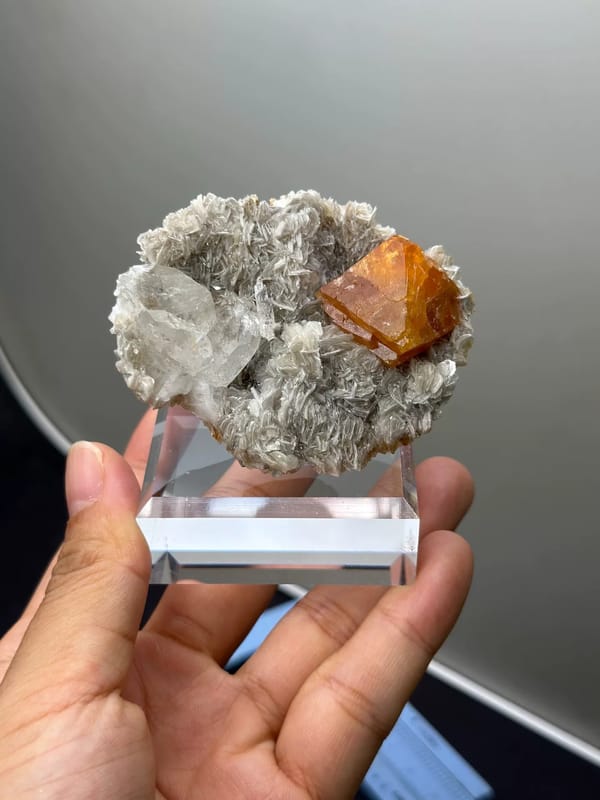 Complete front view in different light showing surface lines on the orange scheelite crystal